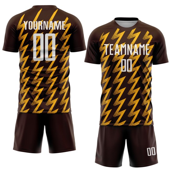 Maglia da calcio personalizzata con stampa a sublimazione a zigzag marrone bianco-oro