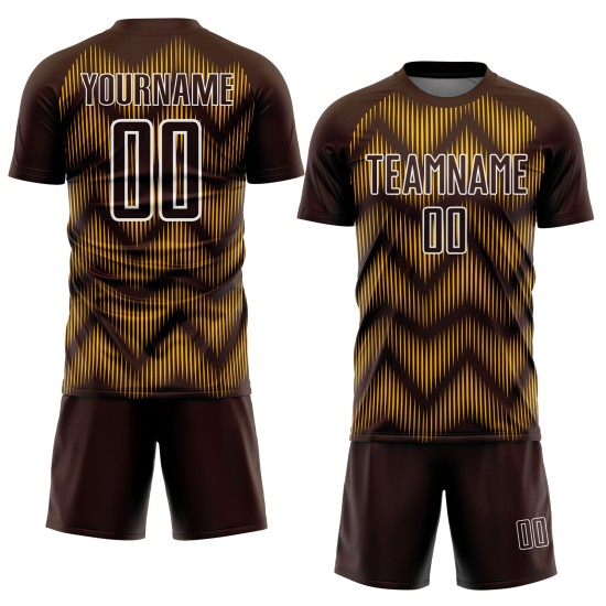 Maglia da calcio personalizzata con stampa a sublimazione marrone oro-bianco Maglia da calcio personalizzata con stampa a sublimazione marrone oro-bianco